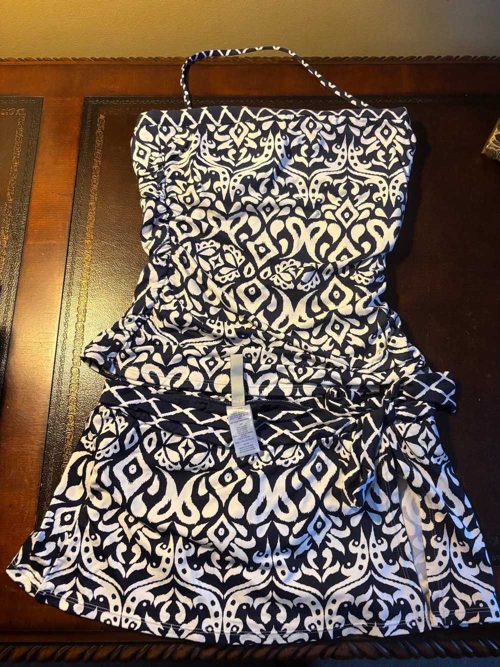 Tommy Bahama Navy and White Strapless Printed Sundress with Tie Waist